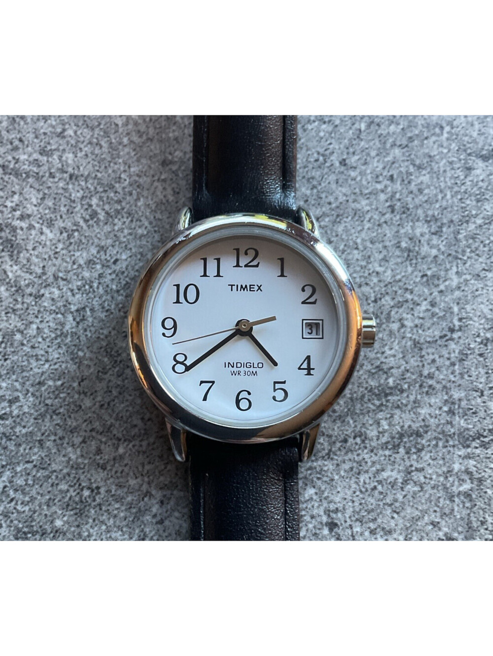 Timex Easy Reader Womens Watch Silver Tone Case White Dial Black Leather Band BN